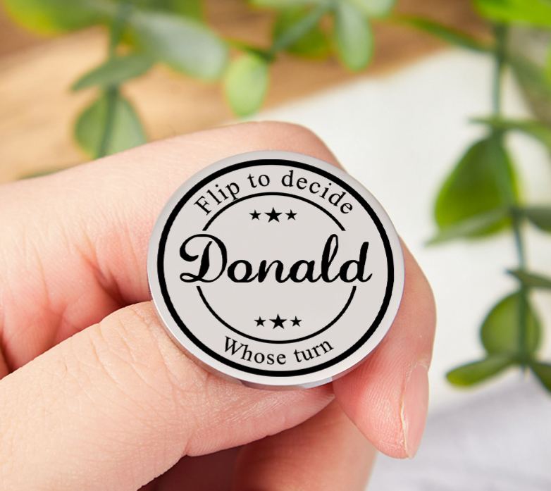 Personalized Couple Name Round Frame Decision Coin Newlyweds Whose Turn Flip to Decide Coin Valentine's Day Gift for Boyfriend Girlfriend Husband Wife