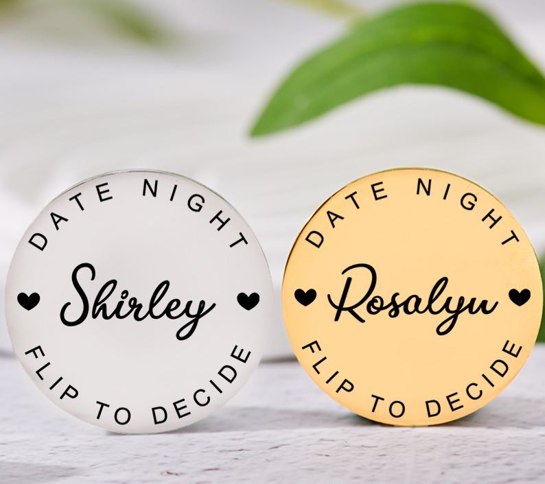 Personalized Couple Name with Heart Decision Coin Newlyweds Date Night Flip to Decide Coin Valentine's Day Gift for Boyfriend Girlfriend Husband Wife