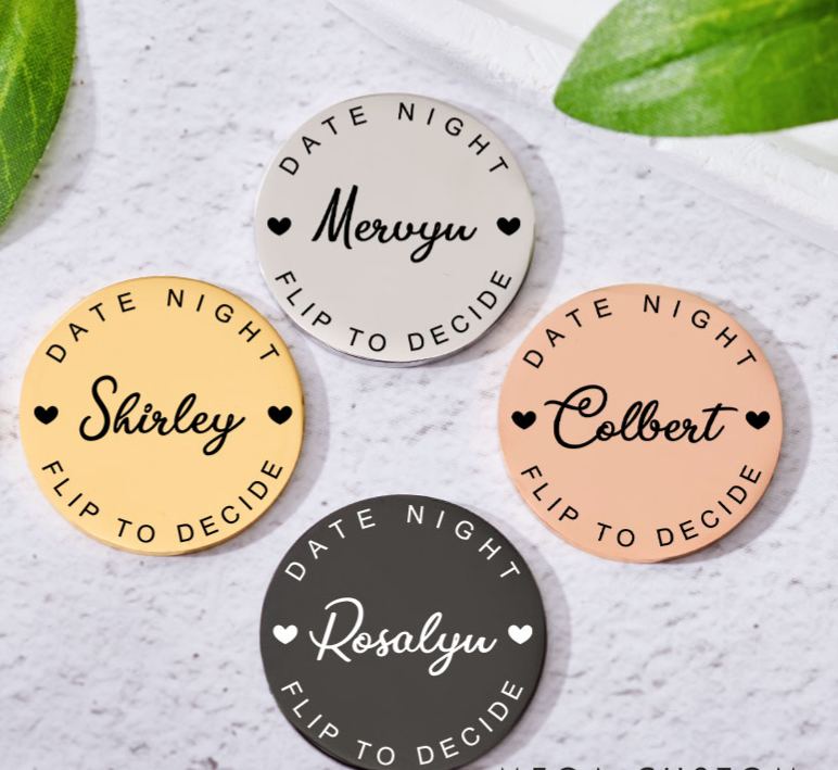 Personalized Couple Name with Heart Decision Coin Newlyweds Date Night Flip to Decide Coin Valentine's Day Gift for Boyfriend Girlfriend Husband Wife