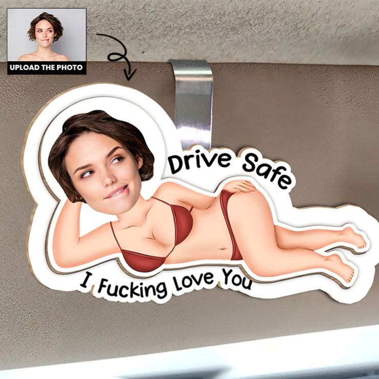 Personalized Couple Photo Drive Safe I F*cking Love You Wooden Car Visor Clip Man Woman Face Portrait Car Visor Clip Valentine's Day Gift for Him Her