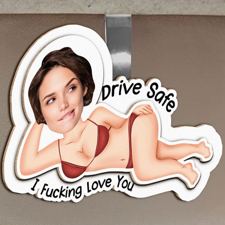 Personalized Couple Photo Drive Safe I F*cking Love You Wooden Car Visor Clip Man Woman Face Portrait Car Visor Clip Valentine's Day Gift for Him Her