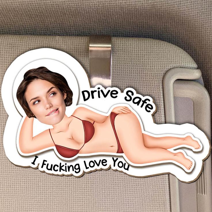 Personalized Couple Photo Drive Safe I F*cking Love You Wooden Car Visor Clip Man Woman Face Portrait Car Visor Clip Valentine's Day Gift for Him Her