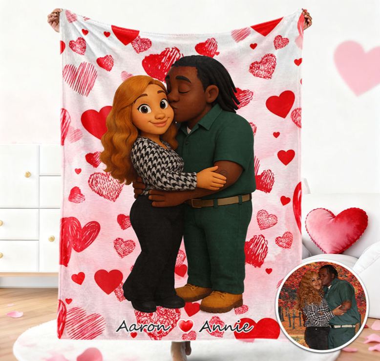 Personalized Couple Heart Blanket Custom Throw Blanket with Couple Face and Name Valentine's Day Gift for Couple