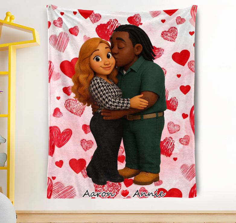 Personalized Couple Heart Blanket Custom Throw Blanket with Couple Face and Name Valentine's Day Gift for Couple