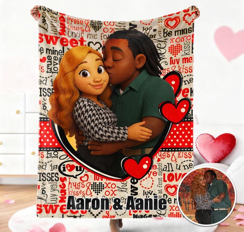 Personalized Heart Blankets Custom Couple Face and Name Blanket Valentines Blankets Gift for Couples Boyfriend Girlfriend Gift