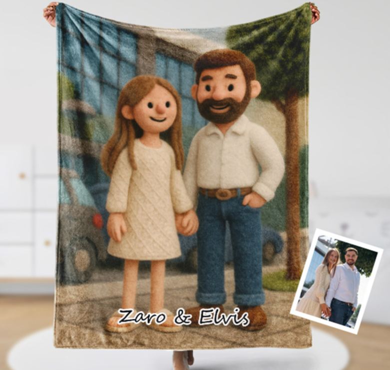  Personalized 3d Effect Wool Felt Style Blanket With Photo and Name Custom Cartoon Blanket for Couple Valentine's Gift for Couples