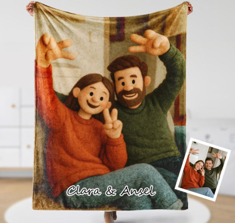 Personalized 3d Effect Wool Felt Style Blanket With Photo and Name Custom Cartoon Blanket for Couple Valentine's Gift or Couples