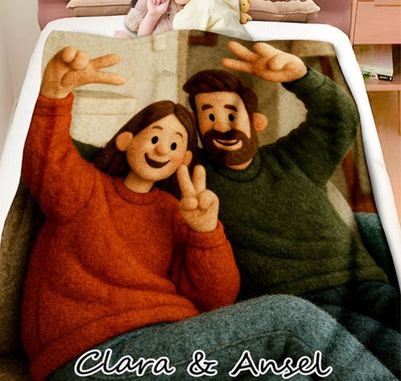 Personalized 3d Effect Wool Felt Style Blanket With Photo and Name Custom Cartoon Blanket for Couple Valentine's Gift or Couples