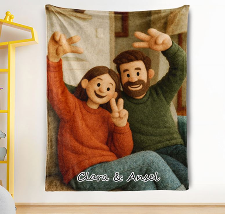 Personalized 3d Effect Wool Felt Style Blanket With Photo and Name Custom Cartoon Blanket for Couple Valentine's Gift or Couples