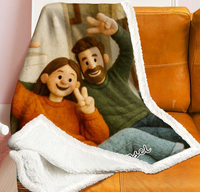 Personalized 3d Effect Wool Felt Style Blanket With Photo and Name Custom Cartoon Blanket for Couple Valentine's Gift or Couples