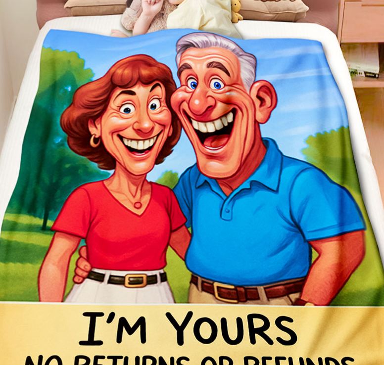 Personalized Cartoon Couple Blanket I’m Yours No Returns or Refunds Custom Exaggerated Comic Style Portrait Blankets for Couple