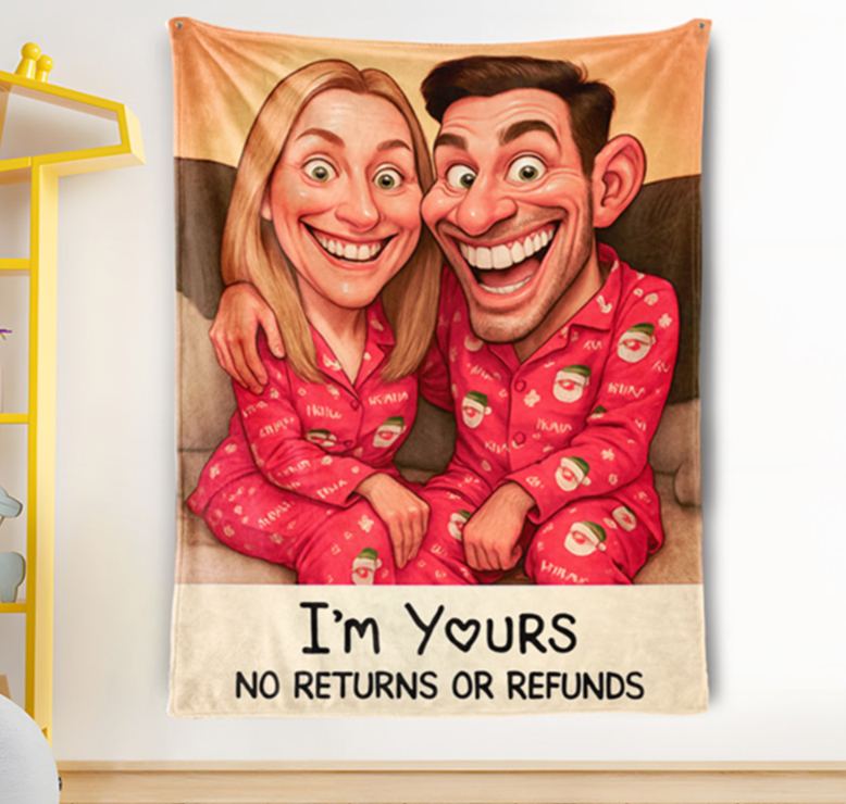 Personalized Cartoon Couple Blanket I’m Yours No Returns or Refunds Custom Exaggerated Comic Style Portrait Blankets for Couple