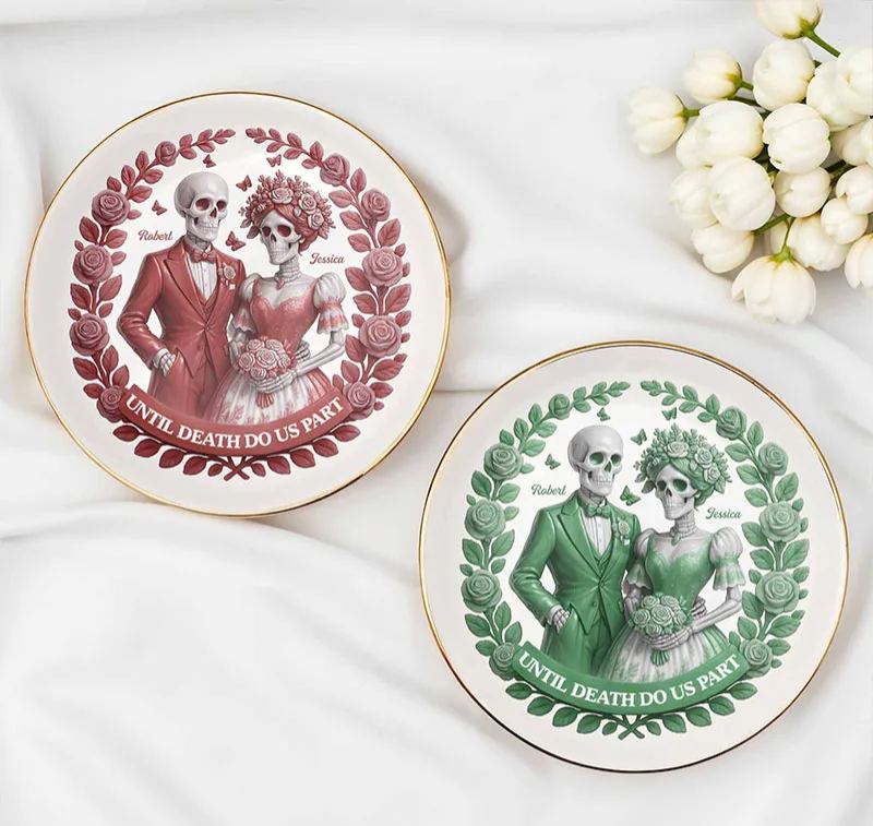 Personalized Skeleton Couple Until Death Do Us Part Round Shaped Ring Dish Skeleton Bride and Groom Ceramic Ring Dish Valentines Day Gift for Newlyweds