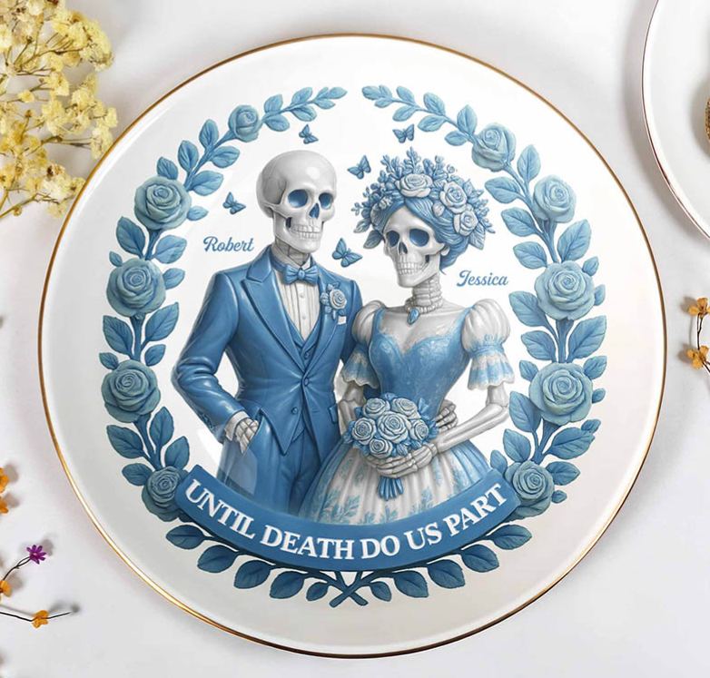 Personalized Skeleton Couple Until Death Do Us Part Round Shaped Ring Dish Skeleton Bride and Groom Ceramic Ring Dish Valentines Day Gift for Newlyweds