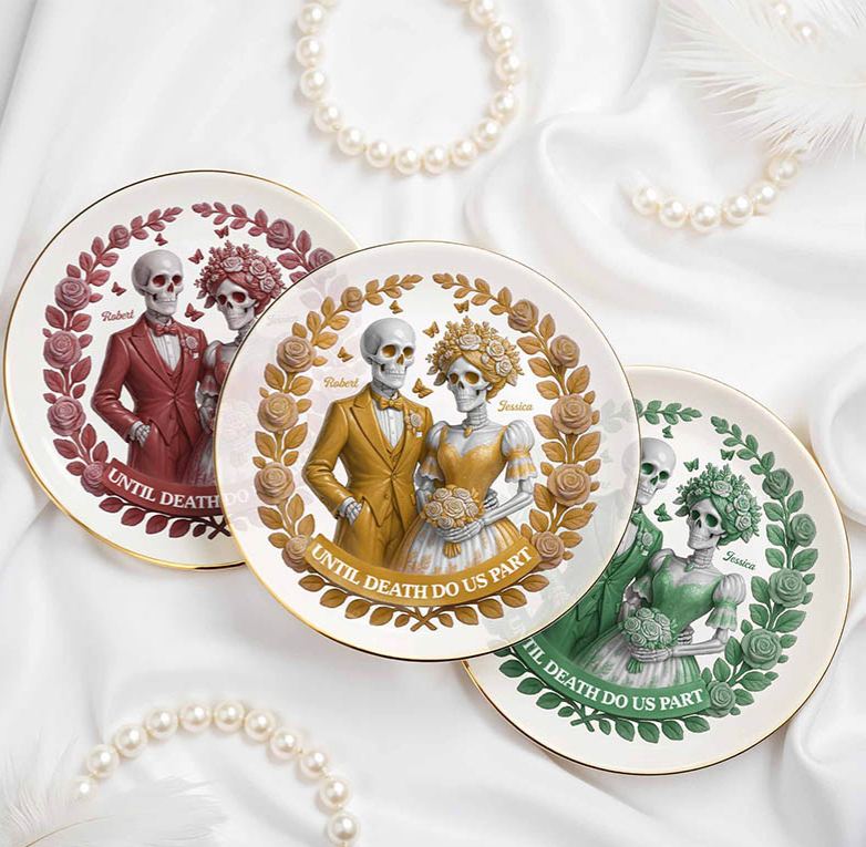 Personalized Skeleton Couple Until Death Do Us Part Round Shaped Ring Dish Skeleton Bride and Groom Ceramic Ring Dish Valentines Day Gift for Newlyweds