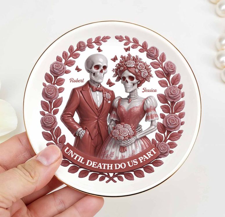 Personalized Skeleton Couple Until Death Do Us Part Round Shaped Ring Dish Skeleton Bride and Groom Ceramic Ring Dish Valentines Day Gift for Newlyweds