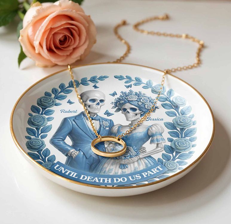 Personalized Skeleton Couple Until Death Do Us Part Round Shaped Ring Dish Skeleton Bride and Groom Ceramic Ring Dish Valentines Day Gift for Newlyweds