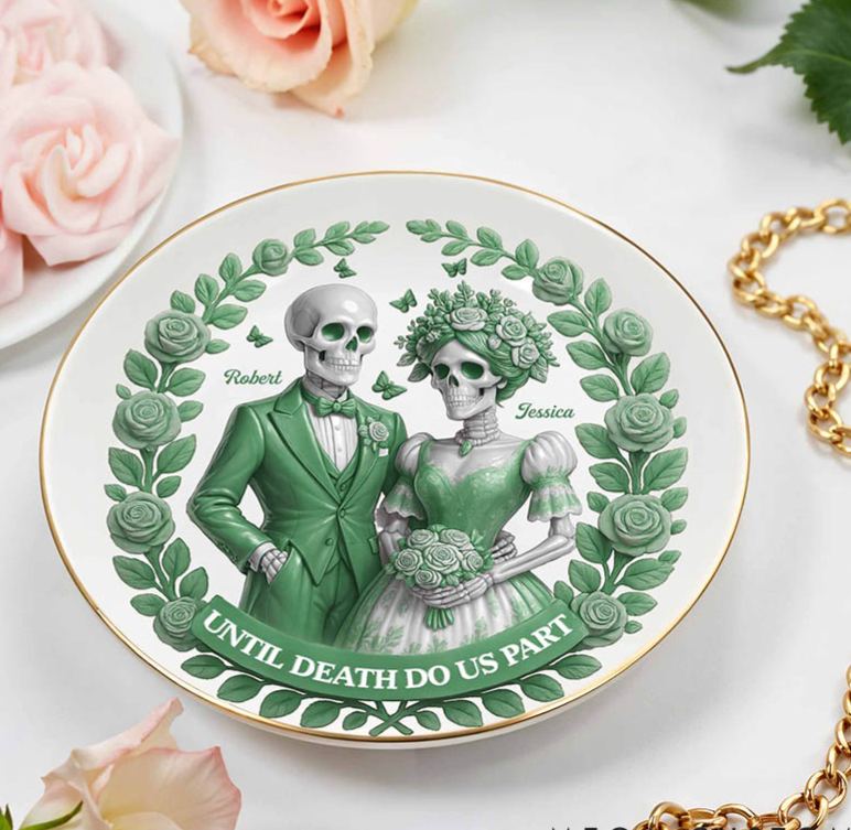 Personalized Skeleton Couple Until Death Do Us Part Round Shaped Ring Dish Skeleton Bride and Groom Ceramic Ring Dish Valentines Day Gift for Newlyweds