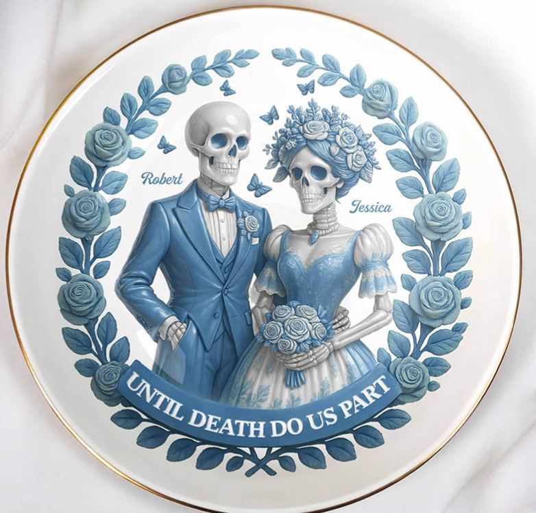 Personalized Skeleton Couple Until Death Do Us Part Round Shaped Ring Dish Skeleton Bride and Groom Ceramic Ring Dish Valentines Day Gift for Newlyweds