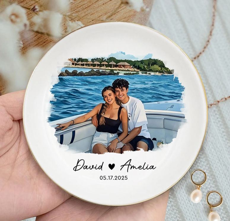 Personalized Couple Custom Photo Portrait Jewelry Dish with Name Keepsake Valentine's Gift for Wife Anniversary Gift for Girlfriend Unique Gift for Couple
