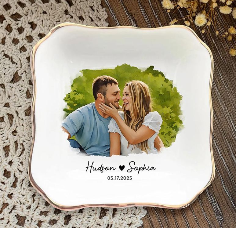 Personalized Couple Custom Photo Portrait Jewelry Dish with Name Keepsake Valentine's Gift for Wife Anniversary Gift for Girlfriend Unique Gift for Couple