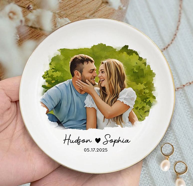 Personalized Couple Custom Photo Portrait Jewelry Dish with Name Keepsake Valentine's Gift for Wife Anniversary Gift for Girlfriend Unique Gift for Couple