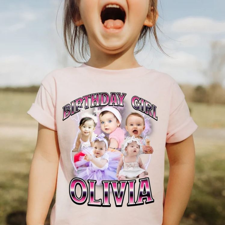 Personalized Birthday Kids Photos T-Shirt with Fun Character Design and Name for a Joyful Celebration