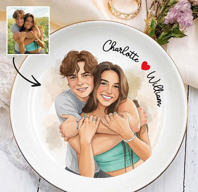 Personalized Heart Flower Ceramic Trinket Jewelry Dish with Initial and Date Toile De Jouy Ring Dish Valentine's Gift for Wife Anniversary Gift for Girlfriend