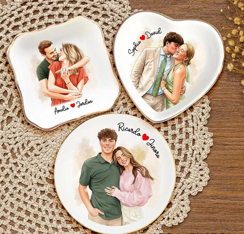 Personalized Heart Flower Ceramic Trinket Jewelry Dish with Initial and Date Toile De Jouy Ring Dish Valentine's Gift for Wife Anniversary Gift for Girlfriend