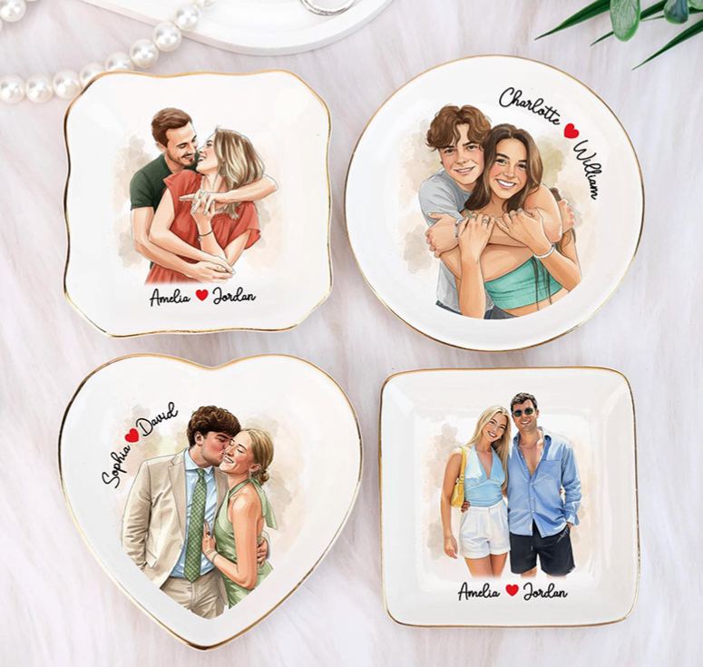 Personalized Heart Flower Ceramic Trinket Jewelry Dish with Initial and Date Toile De Jouy Ring Dish Valentine's Gift for Wife Anniversary Gift for Girlfriend