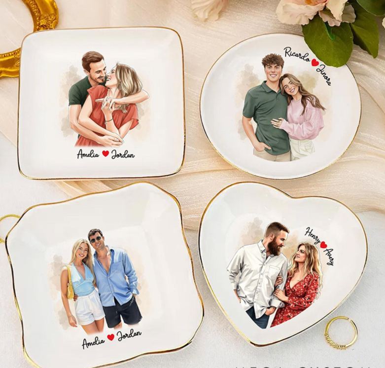 Personalized Heart Flower Ceramic Trinket Jewelry Dish with Initial and Date Toile De Jouy Ring Dish Valentine's Gift for Wife Anniversary Gift for Girlfriend