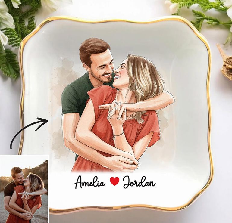 Personalized Heart Flower Ceramic Trinket Jewelry Dish with Initial and Date Toile De Jouy Ring Dish Valentine's Gift for Wife Anniversary Gift for Girlfriend