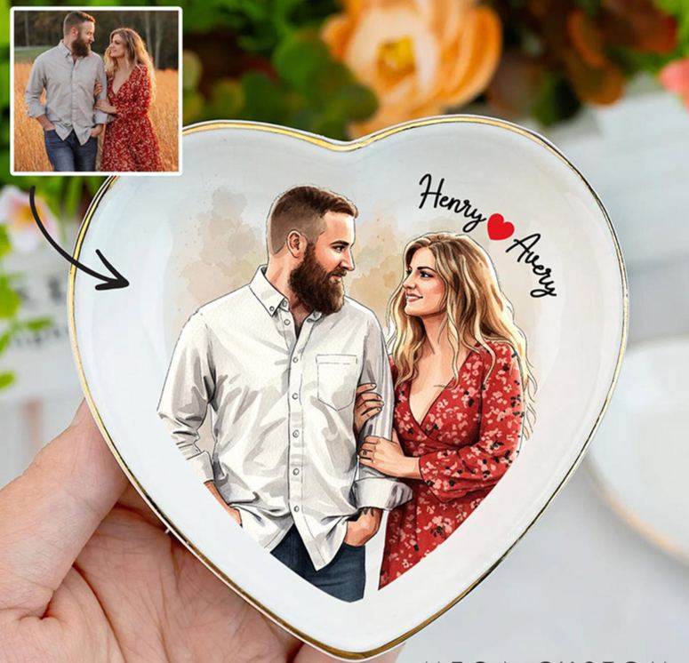 Personalized Heart Flower Ceramic Trinket Jewelry Dish with Initial and Date Toile De Jouy Ring Dish Valentine's Gift for Wife Anniversary Gift for Girlfriend