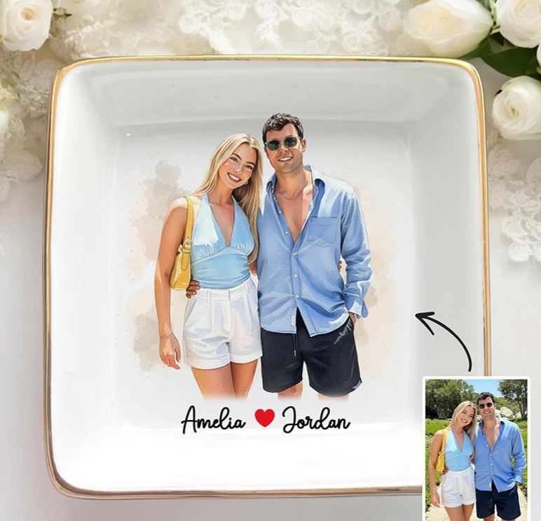 Personalized Heart Flower Ceramic Trinket Jewelry Dish with Initial and Date Toile De Jouy Ring Dish Valentine's Gift for Wife Anniversary Gift for Girlfriend