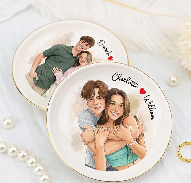 Personalized Heart Flower Ceramic Trinket Jewelry Dish with Initial and Date Toile De Jouy Ring Dish Valentine's Gift for Wife Anniversary Gift for Girlfriend