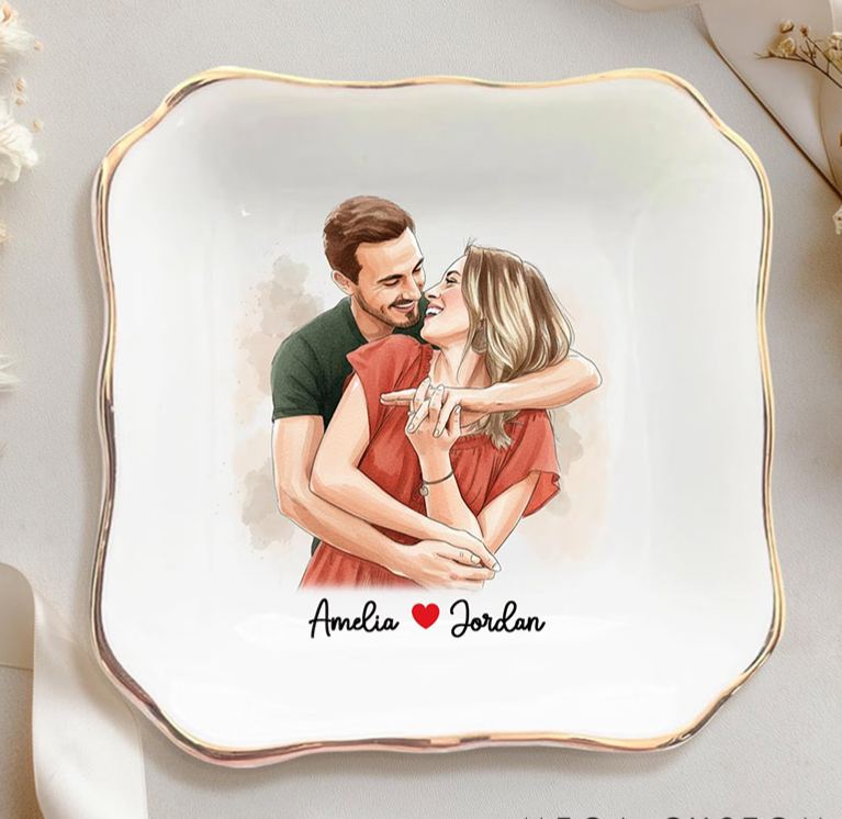 Personalized Heart Flower Ceramic Trinket Jewelry Dish with Initial and Date Toile De Jouy Ring Dish Valentine's Gift for Wife Anniversary Gift for Girlfriend