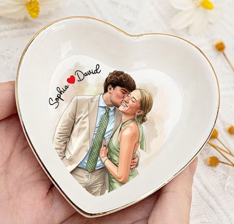Personalized Heart Flower Ceramic Trinket Jewelry Dish with Initial and Date Toile De Jouy Ring Dish Valentine's Gift for Wife Anniversary Gift for Girlfriend