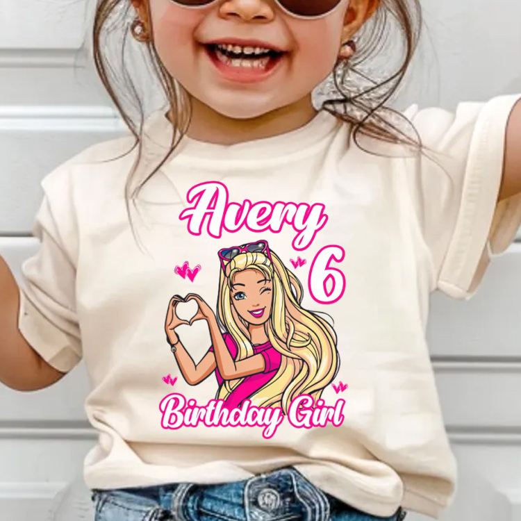 Personalized Birthday Girl Kids T-Shirt with Pink Princess Theme and Name for a Magical Birthday