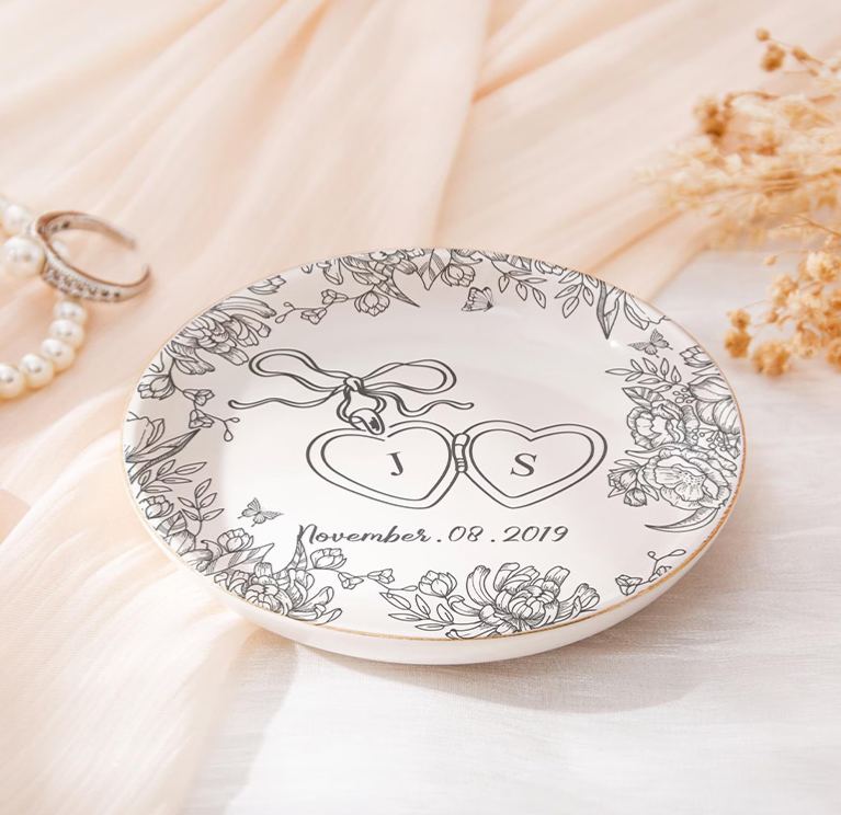 Personalized Heart Flower Ceramic Trinket Jewelry Dish with Initial and Date Toile De Jouy Ring Dish Valentine's Gift for Wife Anniversary Gift for Girlfriend