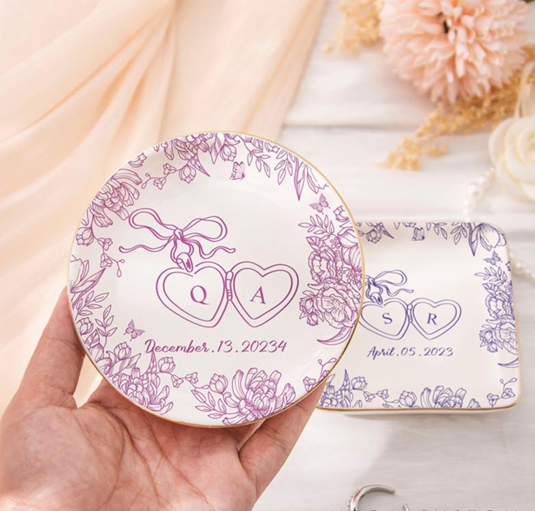 Personalized Heart Flower Ceramic Trinket Jewelry Dish with Initial and Date Toile De Jouy Ring Dish Valentine's Gift for Wife Anniversary Gift for Girlfriend
