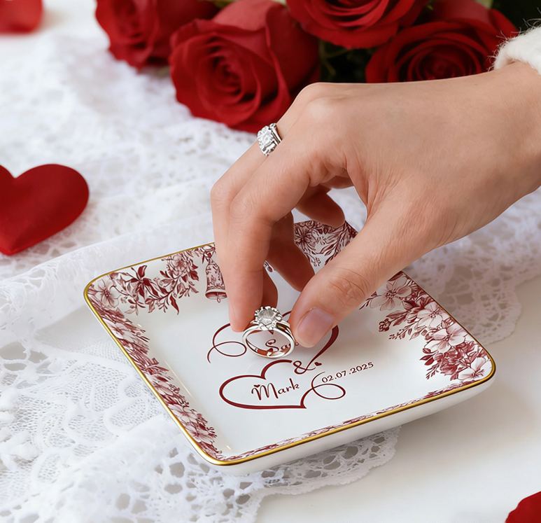 Personalized Heart Flower Ceramic Trinket Jewelry Dish with Name and Date Toile De Jouy Ring Dish Valentine's Gift for Wife Anniversary Gift for Girlfriend