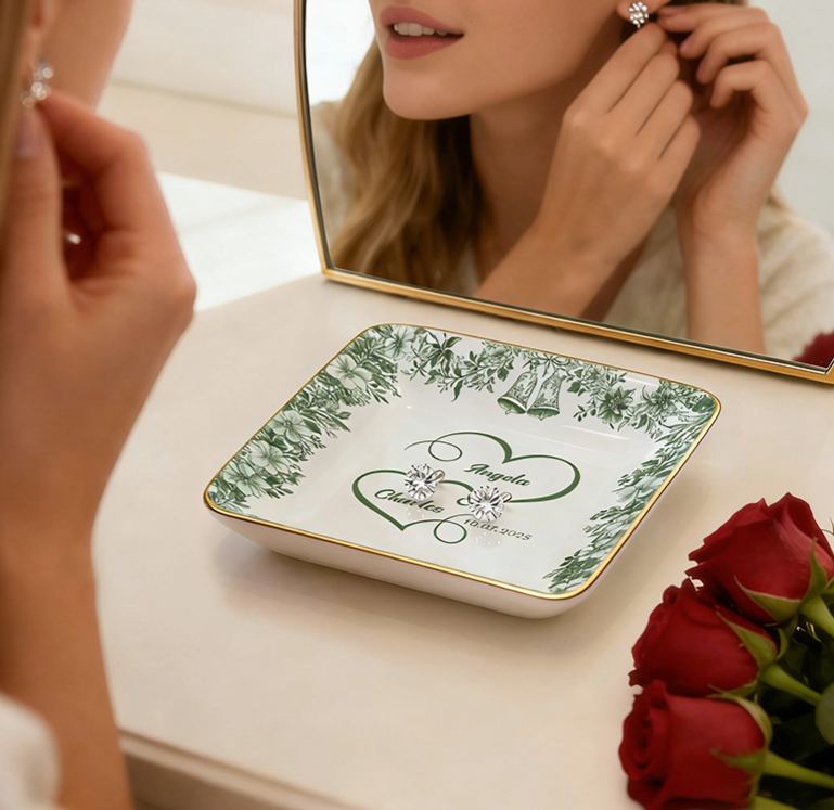 Personalized Heart Flower Ceramic Trinket Jewelry Dish with Name and Date Toile De Jouy Ring Dish Valentine's Gift for Wife Anniversary Gift for Girlfriend