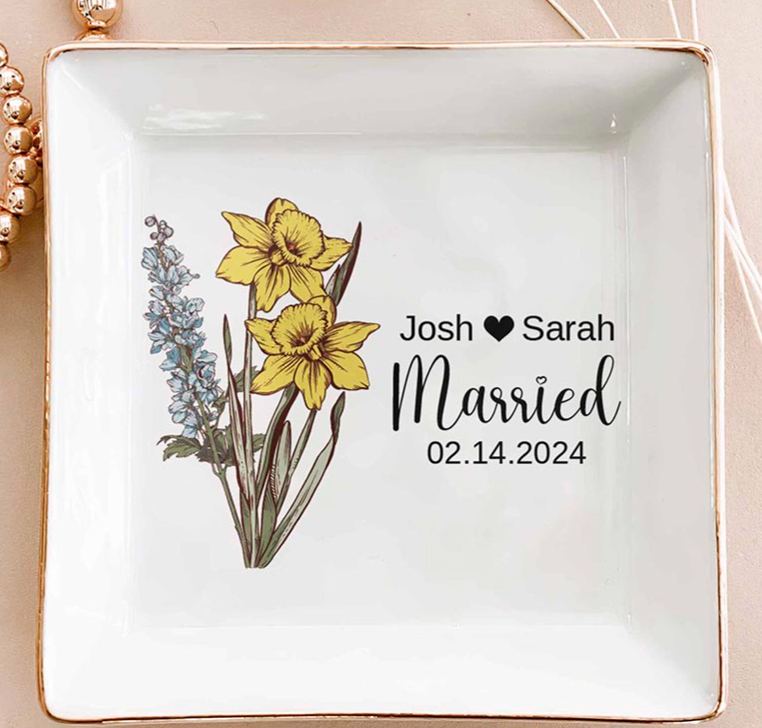 Personalized Wedding Married Date Custom Name Birth Flower Square Ring Dish Engagement Floral Ring Dish Keepsake Gift