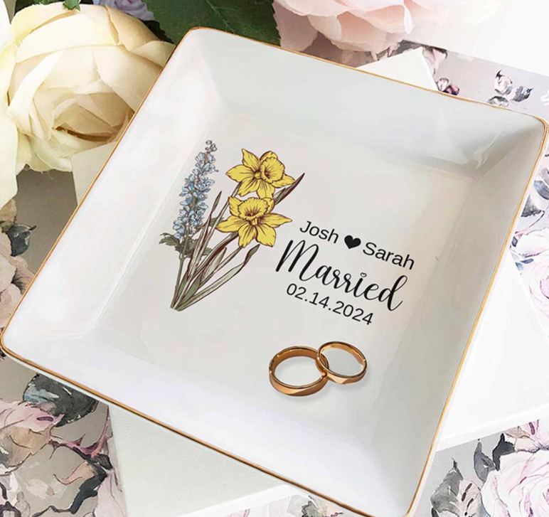 Personalized Wedding Married Date Custom Name Birth Flower Square Ring Dish Engagement Floral Ring Dish Keepsake Gift