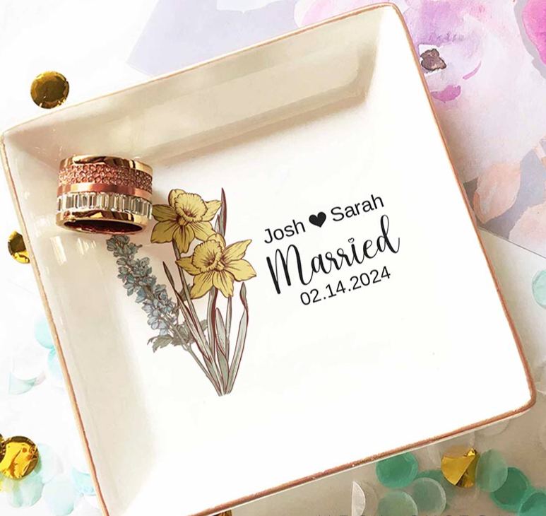 Personalized Wedding Married Date Custom Name Birth Flower Square Ring Dish Engagement Floral Ring Dish Keepsake Gift