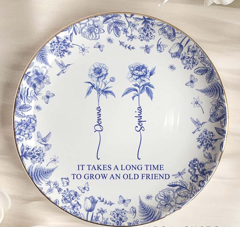 Personalized Bridesmaid It Takes A Long Time To Grow An Old Friend Round Ring Dish Bride Birth Flower Toile De Jouy Ring Dish Bachelorette Party