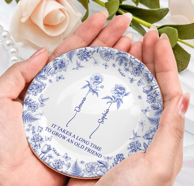 Personalized Bridesmaid It Takes A Long Time To Grow An Old Friend Round Ring Dish Bride Birth Flower Toile De Jouy Ring Dish Bachelorette Party