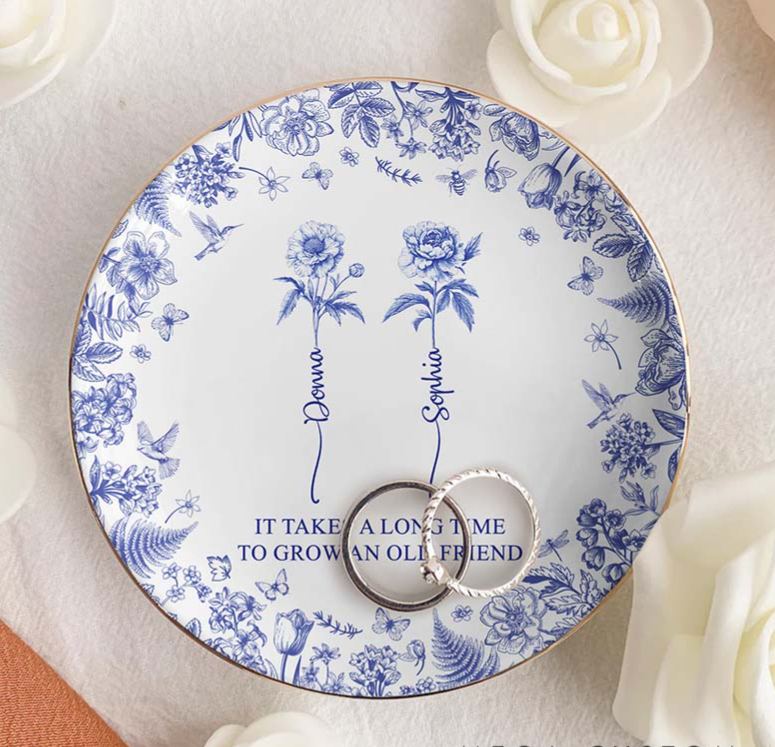 Personalized Bridesmaid It Takes A Long Time To Grow An Old Friend Round Ring Dish Bride Birth Flower Toile De Jouy Ring Dish Bachelorette Party