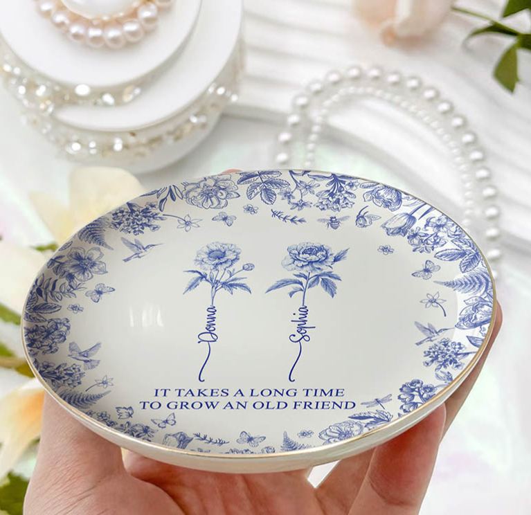 Personalized Bridesmaid It Takes A Long Time To Grow An Old Friend Round Ring Dish Bride Birth Flower Toile De Jouy Ring Dish Bachelorette Party