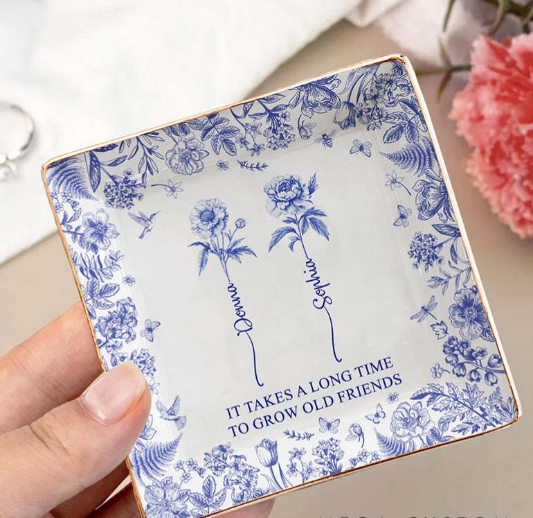 Personalized Bridesmaid It Takes A Long Time To Grow An Old Friend Square Ring Dish Bride Bestie Toile De Jouy Ring Dish Bachelorette Party Gift